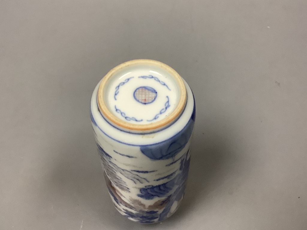 A Chinese underglaze blue and copper red snuff bottle, height 11.5cm